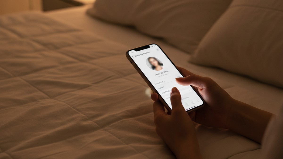 Hands setting up a decoy dating profile on a phone to check if a husband is on Hinge for free
