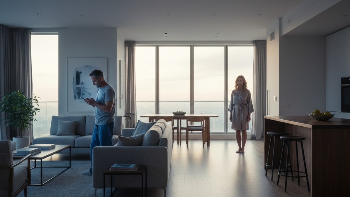 Husband absorbed in his phone at dawn while his wife watches from across the room, a sign he may be on Hinge