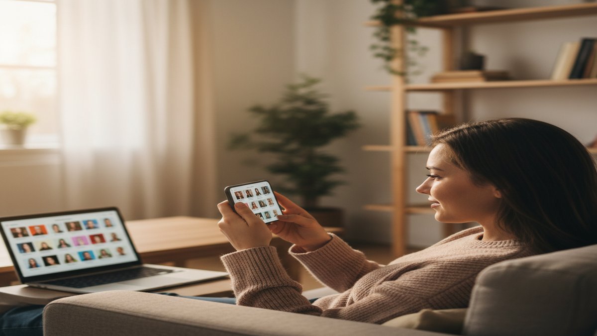Person searching for dating profiles on a laptop in dimly lit room