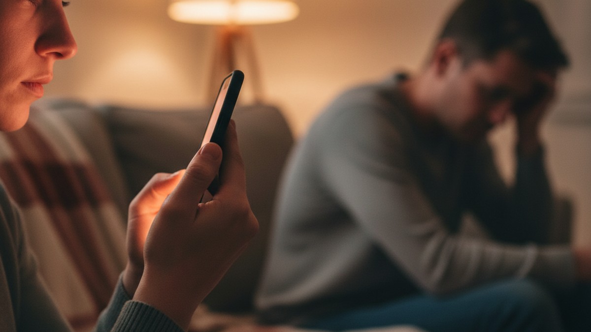 Hand angling phone screen away on couch, partner watching concerned in background