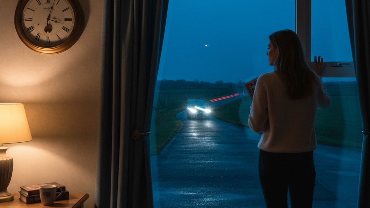 Woman waiting by window at night watching for partner to come home