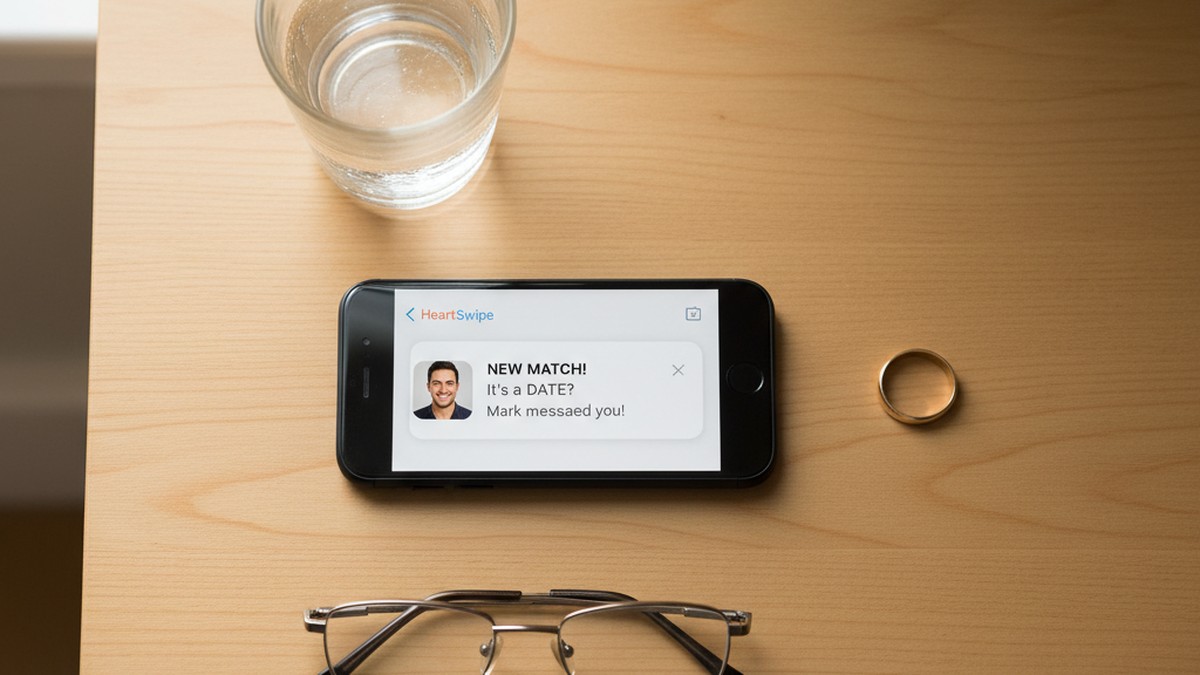 Nightstand flat-lay with phone notification and wedding ring