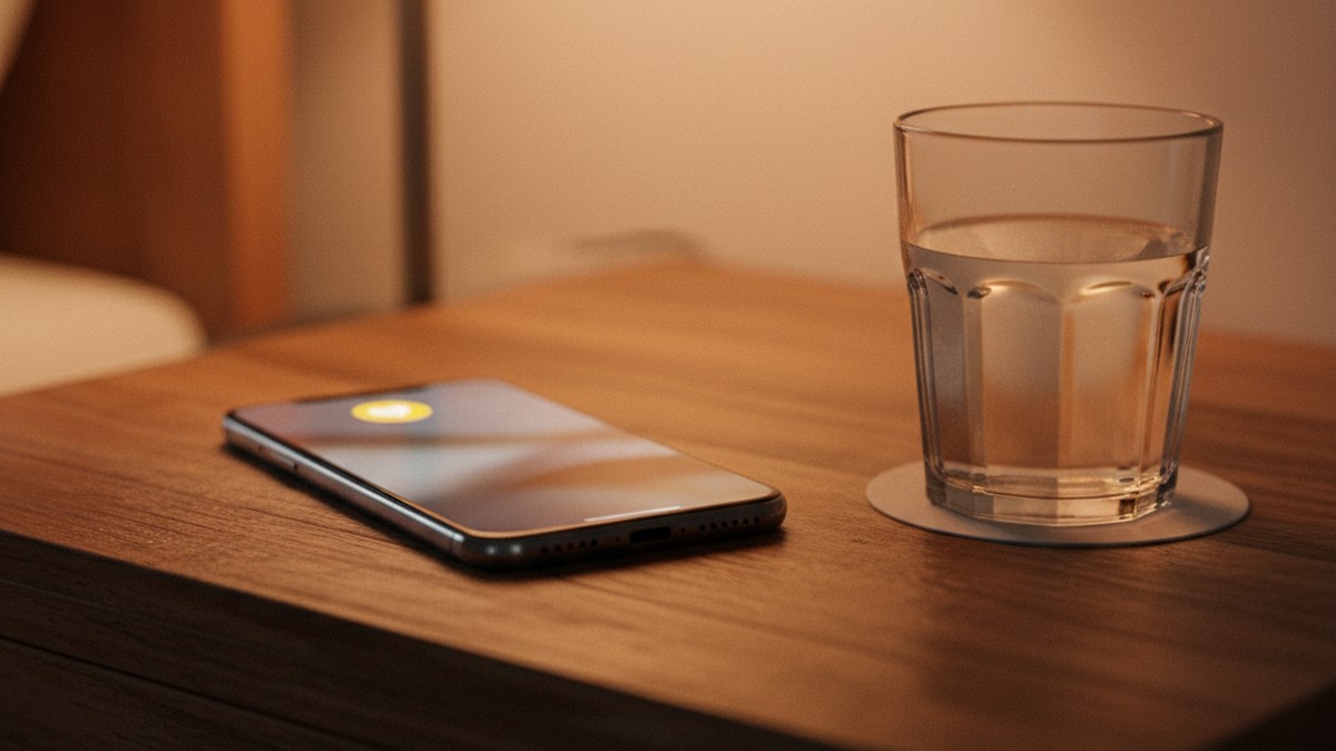 Phone notification on a nightstand at night, indicating dating app activity