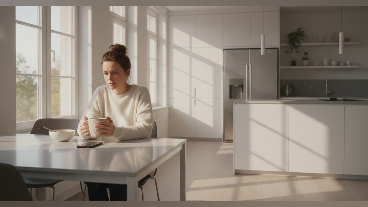 Woman sitting alone at kitchen table in the morning, looking at her phone with a thoughtful expression