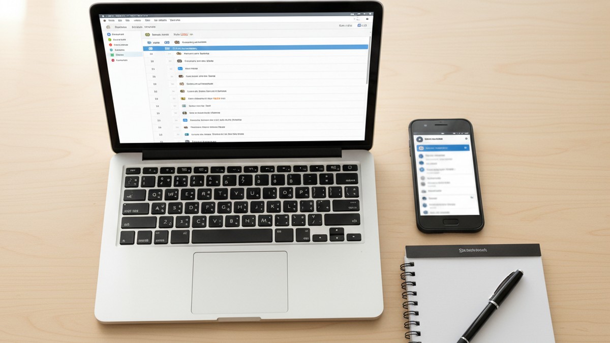 Laptop open showing email inbox beside a smartphone on a desk, checking account registration details