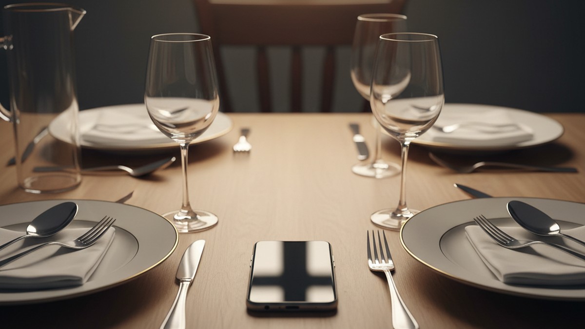 Smartphone lying face-down on a dinner table beside an untouched place setting, suggesting phone-guarding behavior