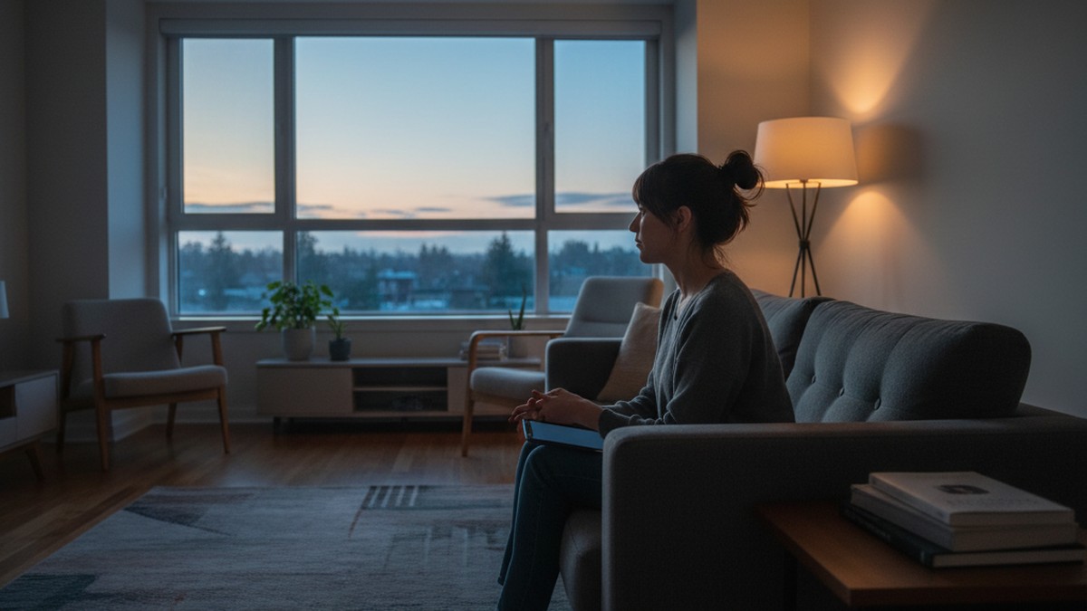 Person sitting alone on a couch at dusk, phone resting in their lap, looking out the window contemplatively