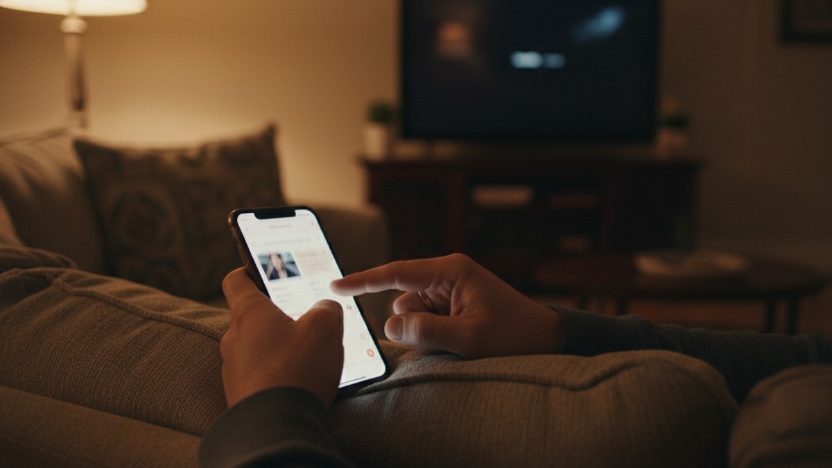Man's hands swiping through dating profiles on a phone at night, checking if his wife is on Bumble