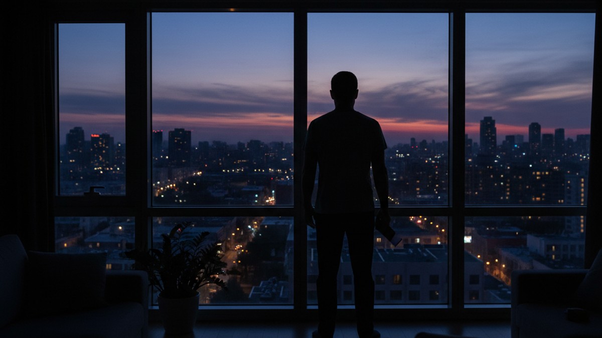 Husband in silhouette at a window at dusk, deciding what to do after finding his wife's Bumble profile