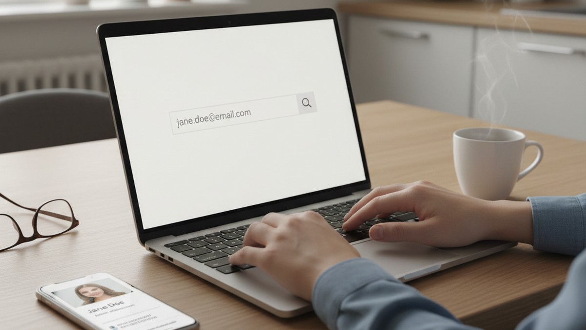 Hands typing a spouse's email into a dating app scan on a laptop to check if a wife is on Hinge