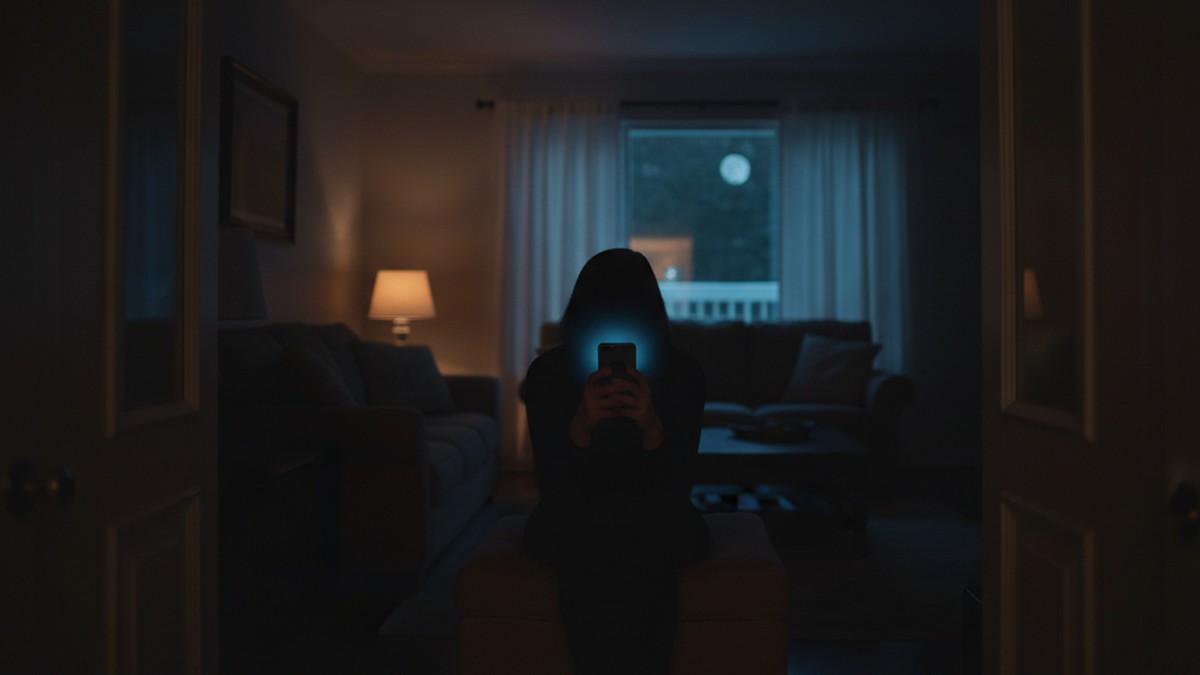 Woman silhouetted by her phone screen late at night, a common sign a wife is on Hinge