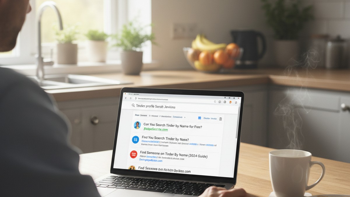 Man searching the web on a laptop to check if his wife is on Tinder by name
