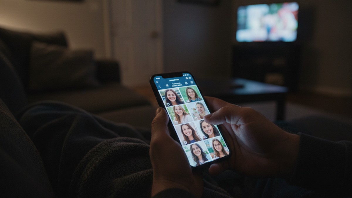 Hands swiping through dating app profiles on a phone at night using the manual swipe method