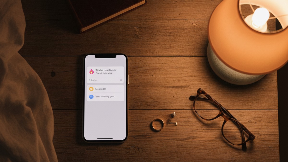 Phone on a bedroom nightstand showing dating app notifications beside a wedding ring
