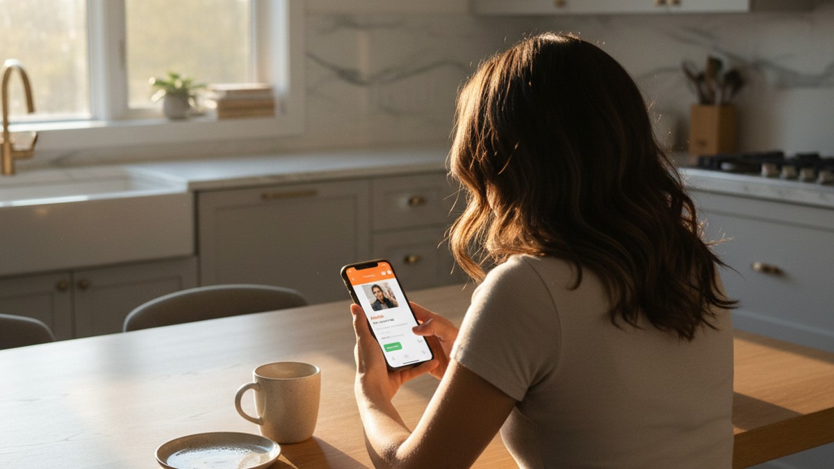Over-the-shoulder view of woman at kitchen table checking partner's activity status on phone