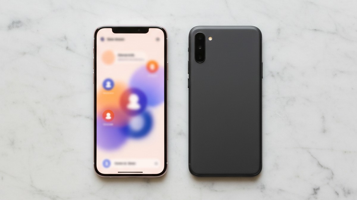 Two smartphones side by side on marble surface — one lit showing active profile, one dark and inactive
