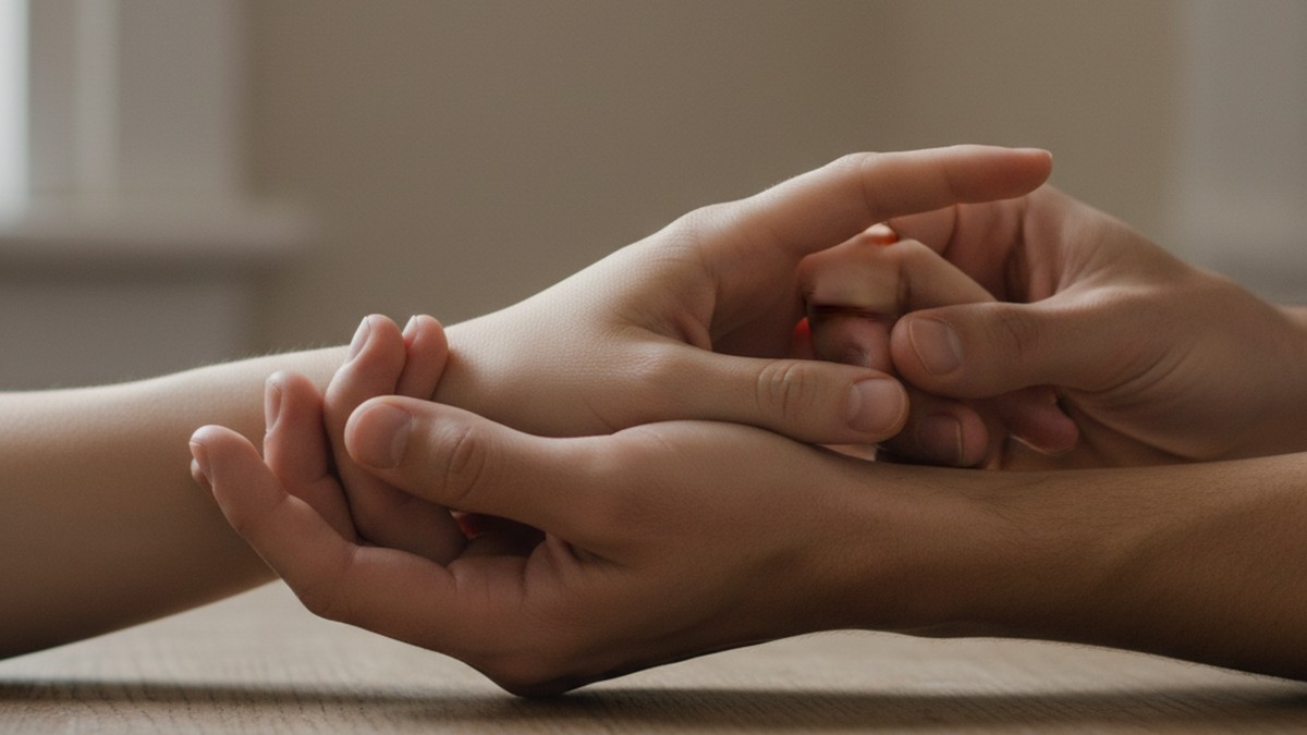 Hands slowly releasing each other's grip, representing the difficult neurological process of detaching from a long-term relationship after infidelity