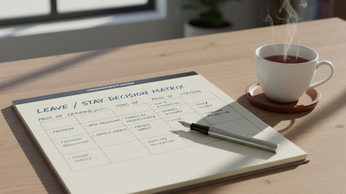 Open notebook with handwritten notes and grid on a wooden desk, showing a thoughtful decision-making process about whether to leave a cheating partner