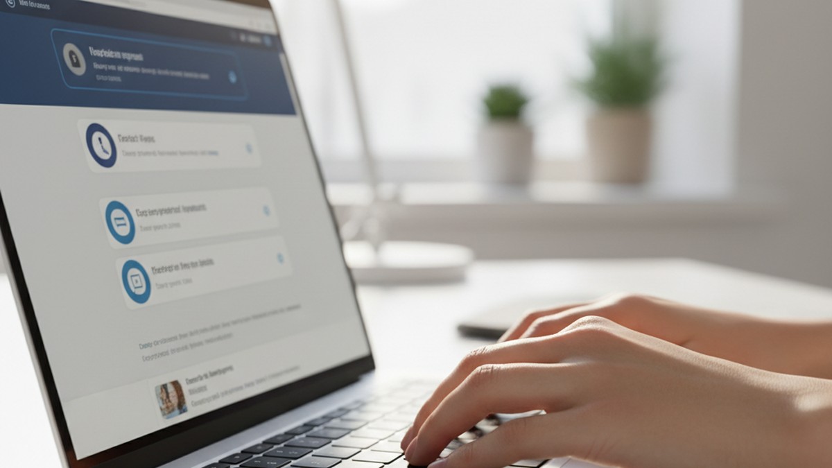 Close-up of hands typing on laptop keyboard showing professional networking notifications