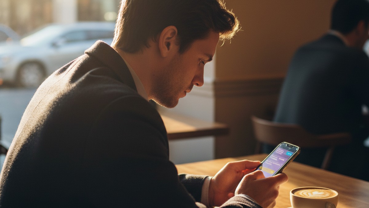 Person at cafe checking phone showing signs of secretive messaging behavior