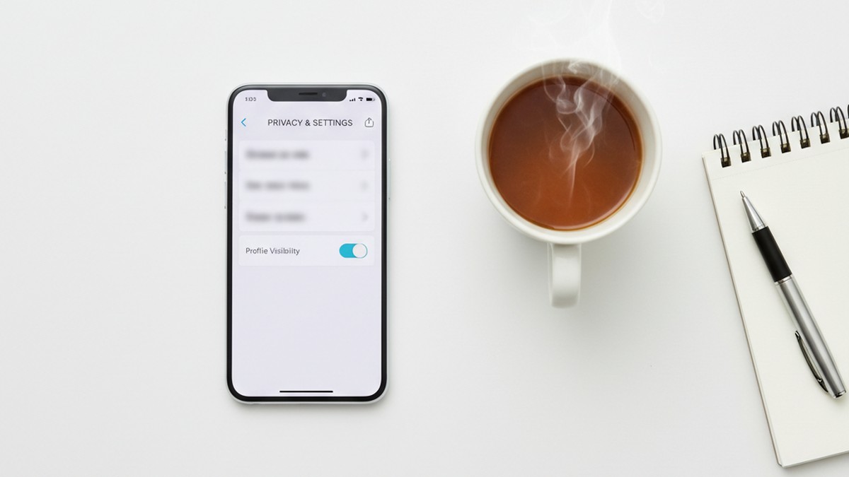 Smartphone showing privacy settings flat-lay on office desk with coffee