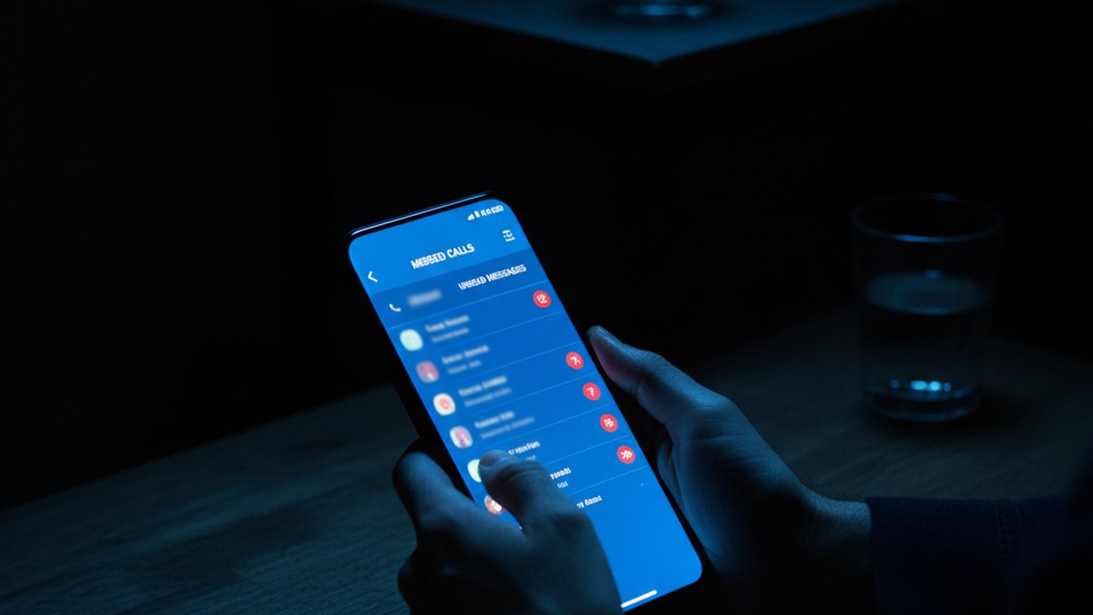 Smartphone showing missed calls and unread messages in a dark room