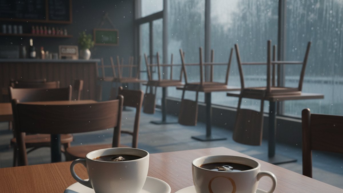 Two coffee cups on a table in an empty cafe with rain on the windows