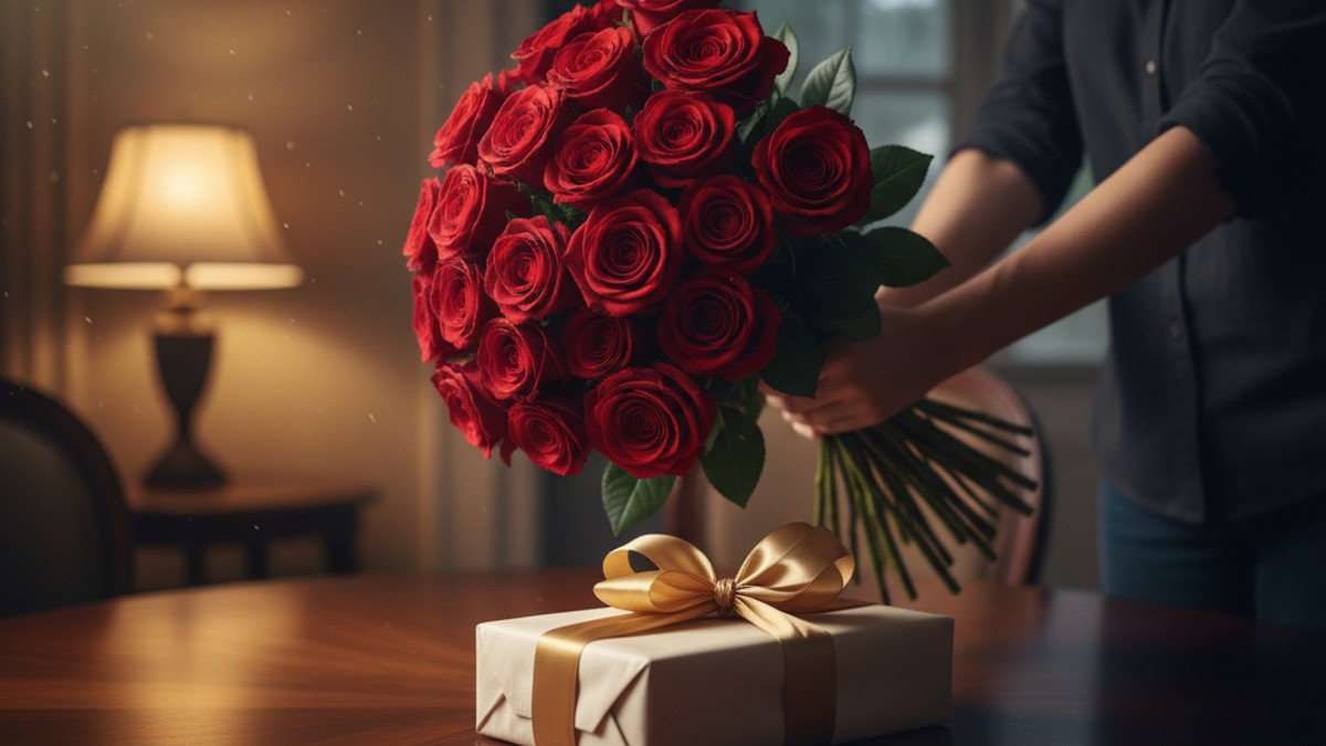 Hands holding a large bouquet of red roses extended as a grand gesture on a dining table, representing love bombing after cheating