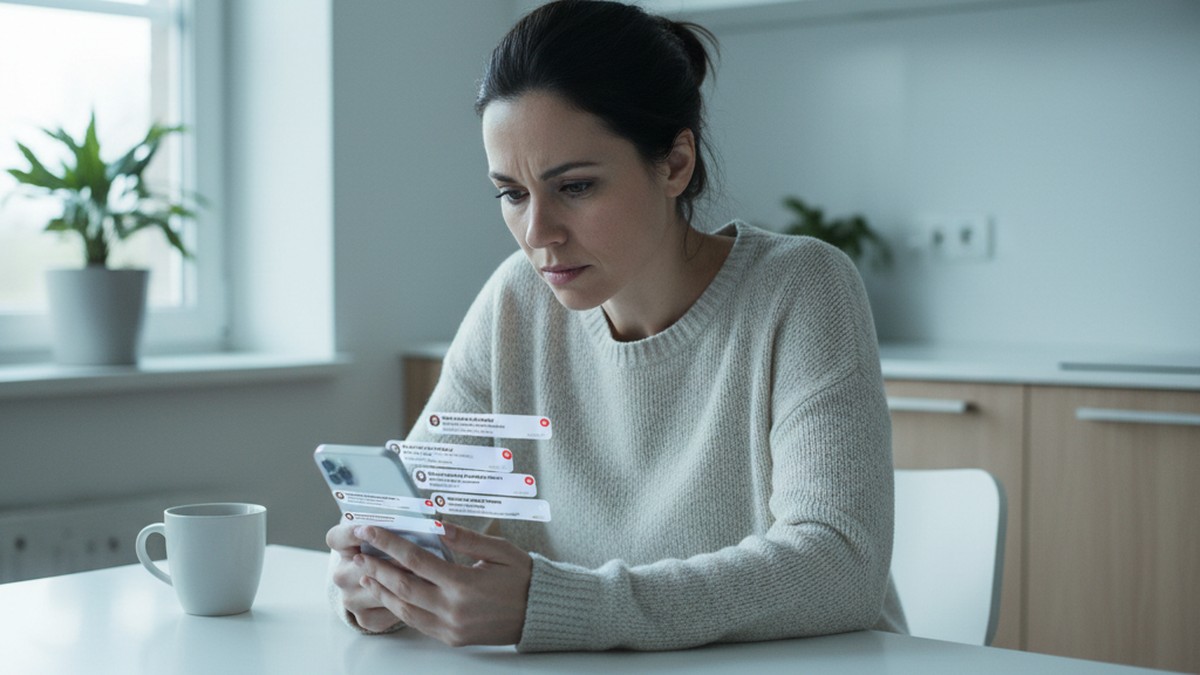 Woman sitting alone at a kitchen table looking at phone with many unread messages, representing emotional manipulation after infidelity