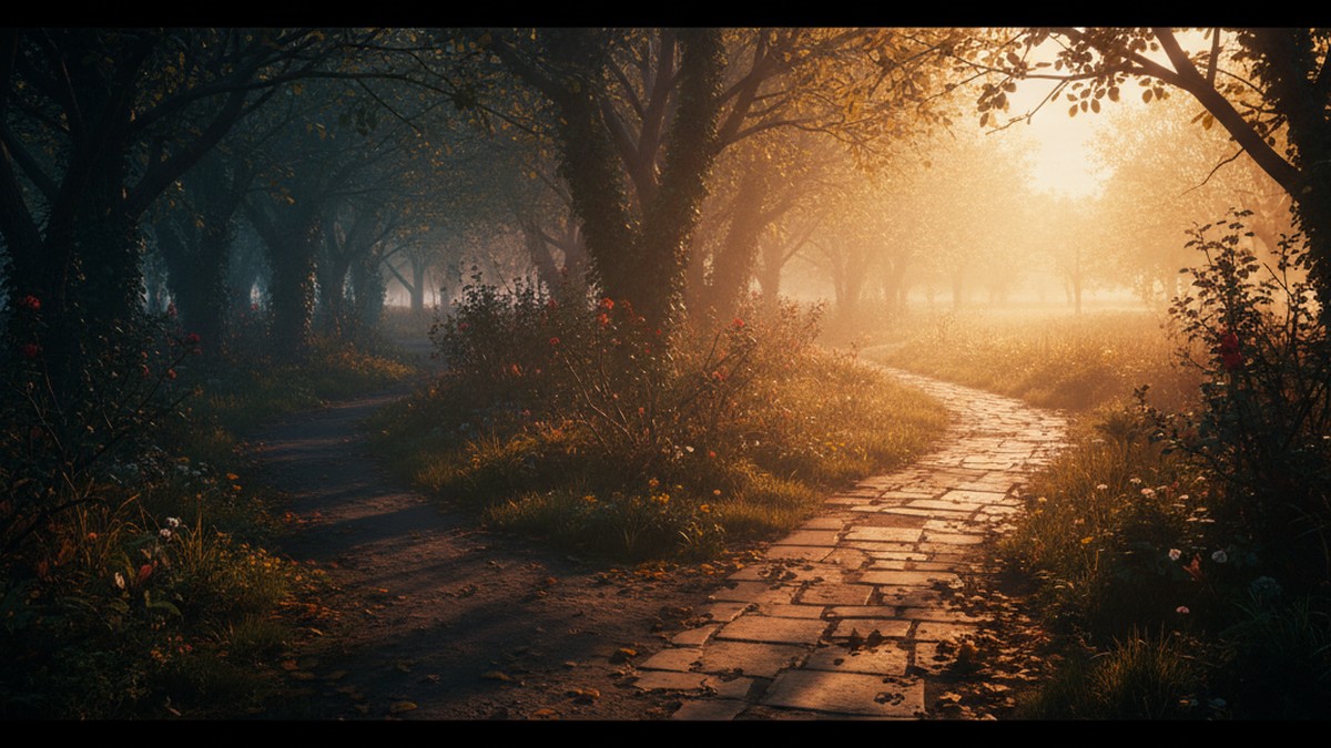 Garden path splitting into two directions at golden hour, representing the crossroads of deciding how to respond to love bombing after cheating