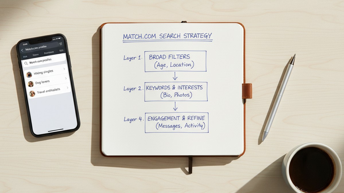 Overhead view of research materials representing the 4-layer Match.com profile search framework