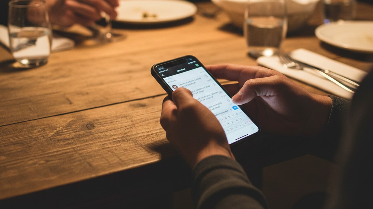 Hands secretly texting under a dinner table illustrating micro cheating behavior