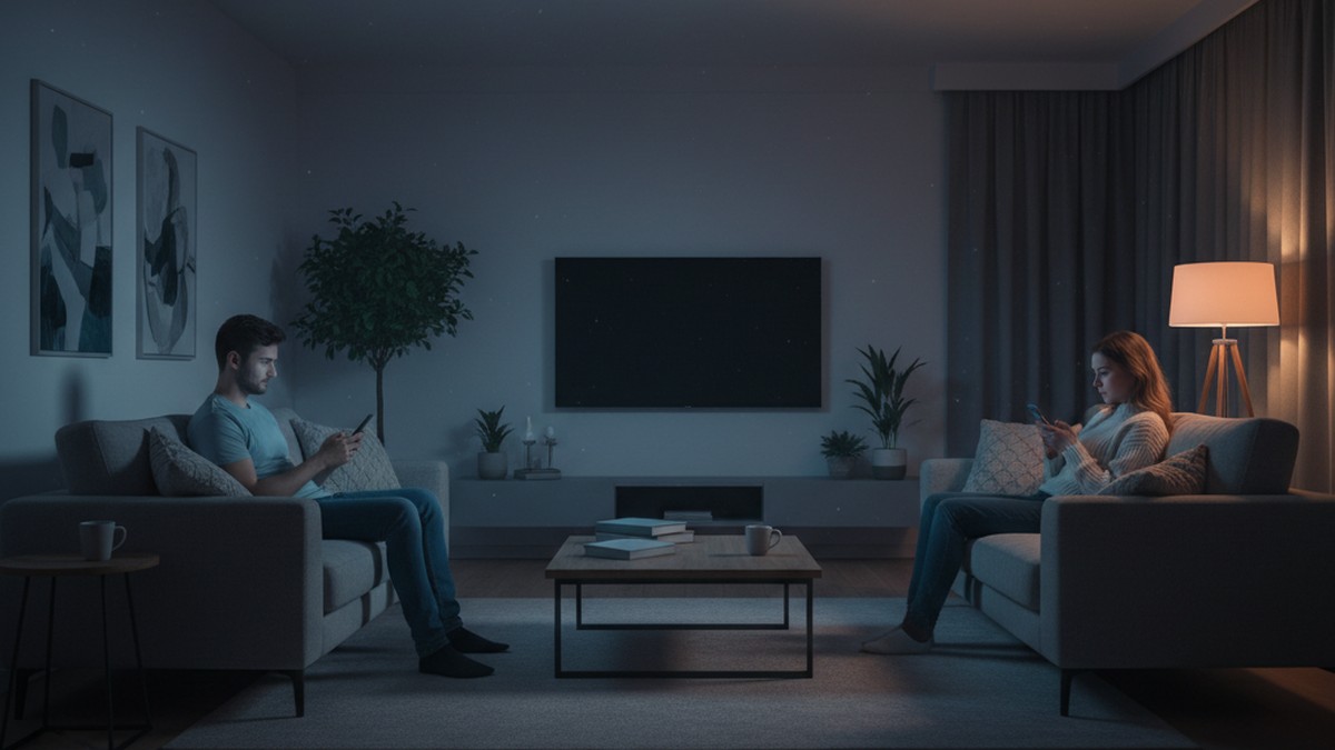 Couple sitting apart on couch both on phones showing emotional distance from micro cheating