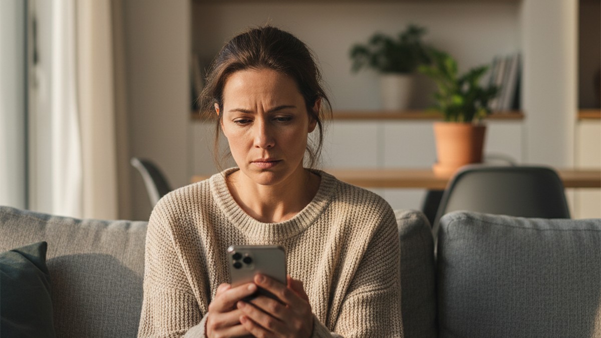 Person sitting alone at home looking at a phone with a concerned expression, military photo on the wall behind them