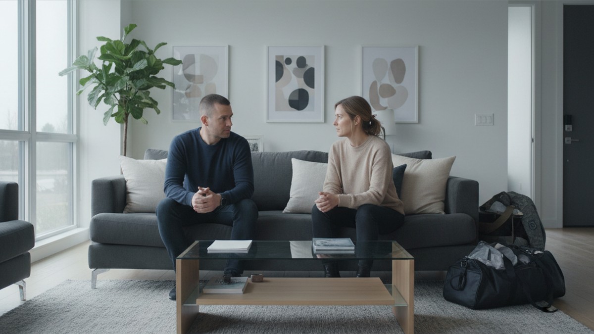 Couple sitting together having a difficult conversation in a living room after a reunion