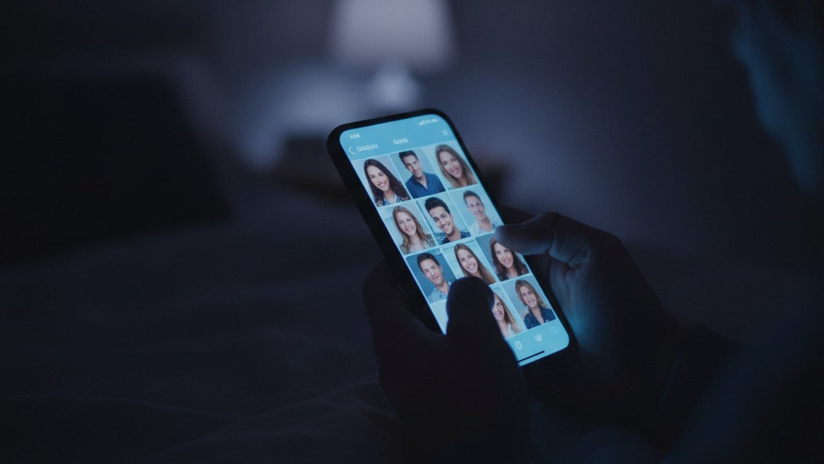 Hands holding a glowing phone late at night showing dating app profiles — narcissistic supply through dating apps