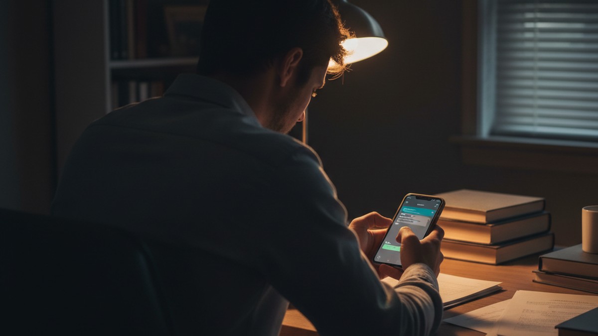 Person typing secret messages on phone in dim lamplight — narcissist grooming cycle and encrypted messaging