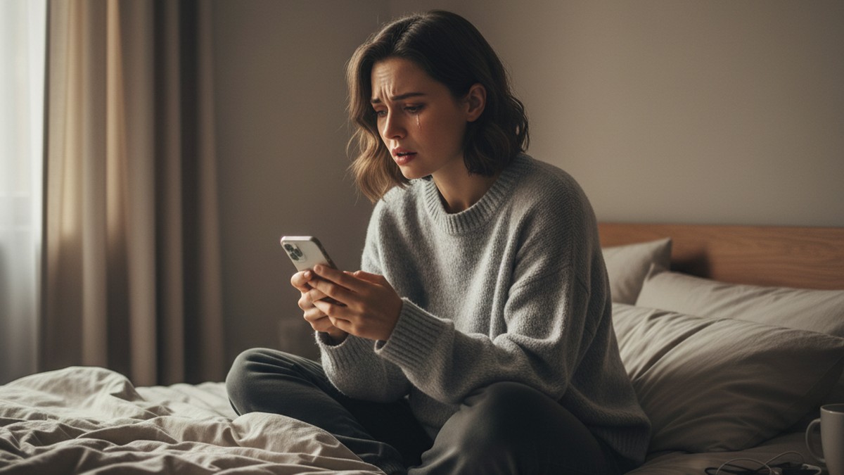 Woman sitting alone on bed looking at phone with expression of realization — confronting narcissist cheating patterns