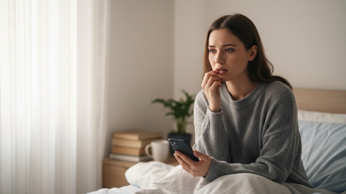 Woman sitting on bed looking pensive about partner still on dating apps
