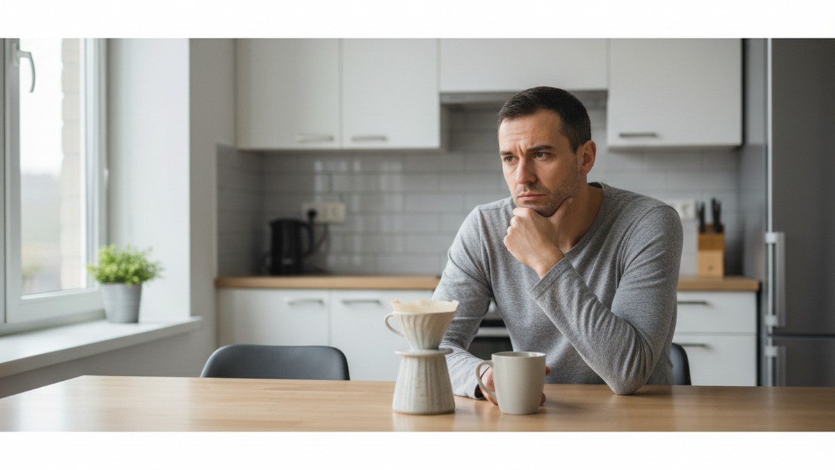 Person sitting at kitchen table in deep thought, considering a difficult relationship decision
