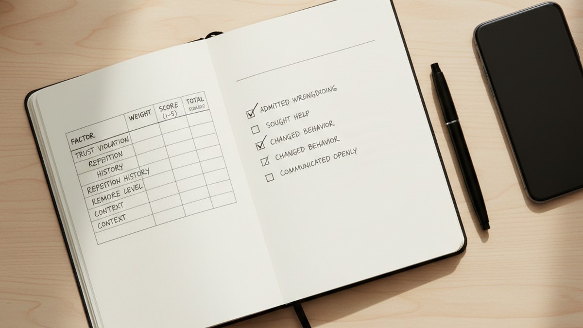 Overhead view of assessment notepad and checklist on desk, systematic evaluation of cheating risk factors