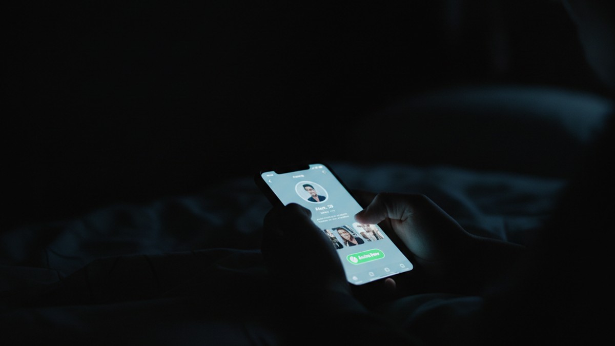 Hands holding a glowing smartphone in a dark room at night, illustrating Tinder activity status