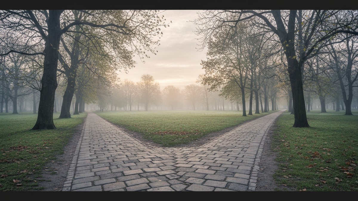 A stone path splitting into two directions in a morning park, representing evaluating partner activity on Tinder