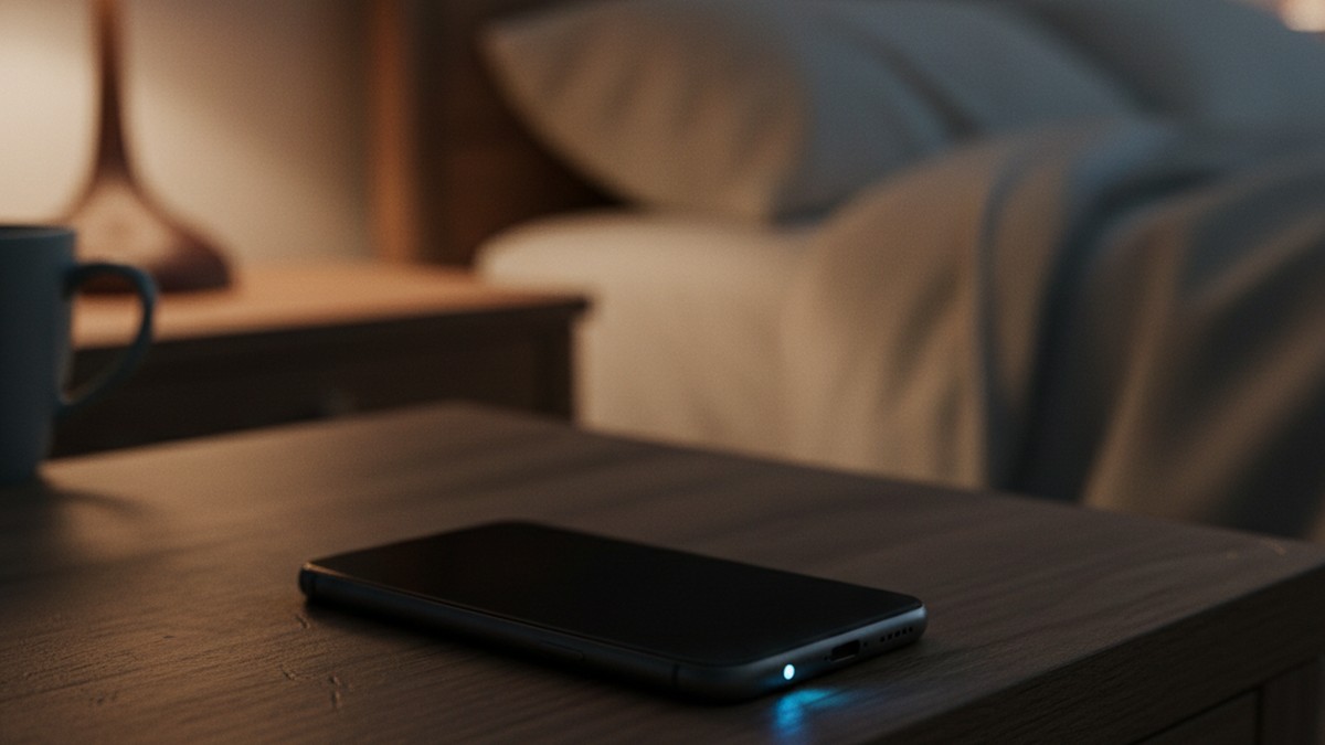Phone face-down on nightstand with notification light — digital traces of hidden online activity