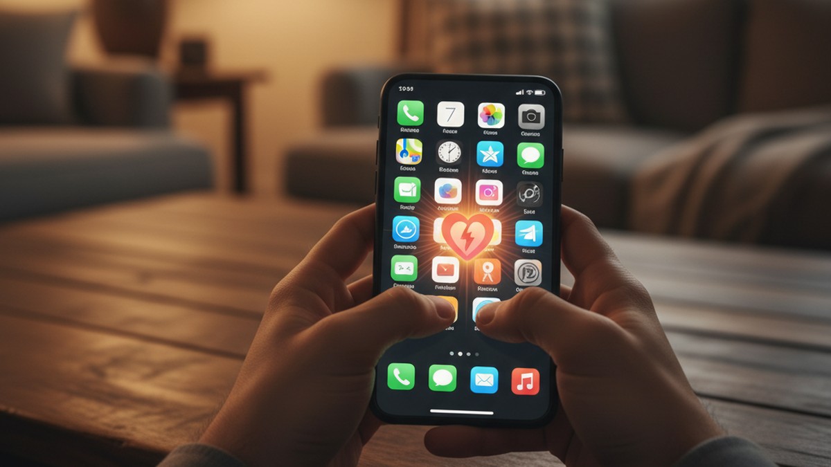 Close-up of hands holding a smartphone showing a dating app icon, representing the discovery of a partner redownloading Tinder