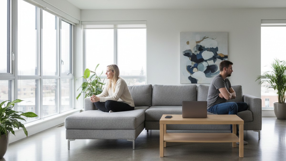 Couple sitting apart on a couch with emotional distance between them, illustrating relationship tension