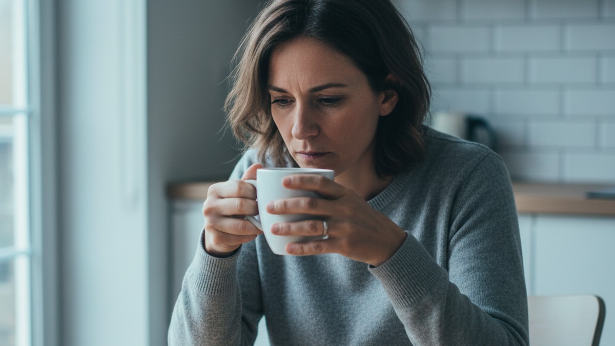 Person at kitchen table with coffee preparing to have a difficult conversation with their partner
