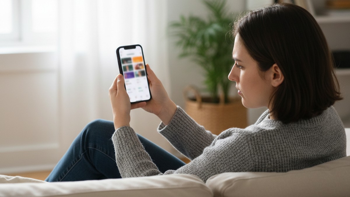 Person examining their phone screen analyzing a dating app profile for signs of activity