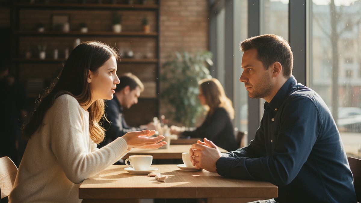Two people having a serious honest conversation at a cafe table about relationship commitment