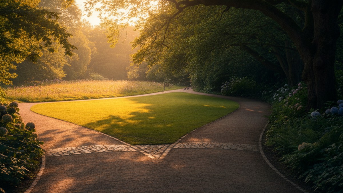 Garden path splitting into two directions symbolizing relationship choices and dealbreakers